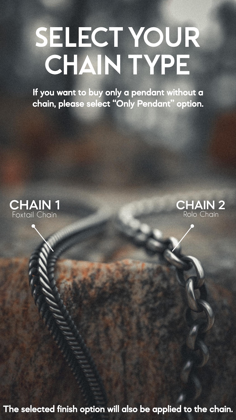 Sterling silver chain options comparison showing Foxtail and Rolo chain styles with detailed close-up view of texture and finish for jewelry selection