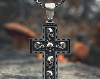 Skull Cross Necklace 925 Sterling Silver Gothic Religious Pendant Dark Cross Jewelry Handcrafted Memento Mori Symbol Gift for Him
