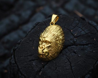 Gorilla Head Pendant 925 Sterling Silver 14K Gold Vermeil Wildlife Animal Necklace Mens Gift