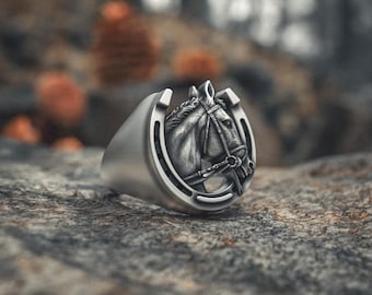 Horse Head Luck Ring | Handcrafted 925 Sterling Silver Horseshoe Signet Ring | Equestrian Charm