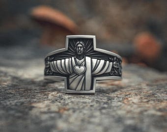 Jesus Christ Ring 925 Sterling Silver Religious Cross Band Christian Faith Protector Statue Prayer Ring Unisex Spiritual Gift