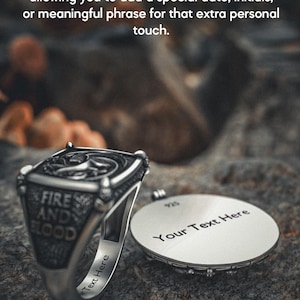 May include: A silver ring with the words "FIRE AND BLOOD" and a matching silver pendant with the text "Your Text Here". The image also includes the text "FREE ENGRAVE".