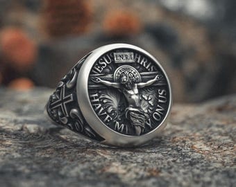Crucifix Ring | 925 Sterling Silver Catholic Signet | INRI Jesus Christ Design | Handcrafted Religious Faith Jewelry | Spiritual Prayer Gift
