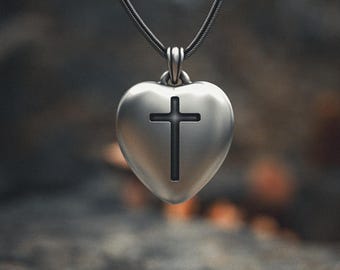 Heart Cross Necklace 925 Sterling Silver, Christian Faith Pendant, Minimalist Religious Jewelry, Spiritual Protection Charm