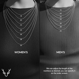 Necklace length guide showing women's and men's sizes from 18 to 30 inches with visual representation on mannequin for perfect fit selection