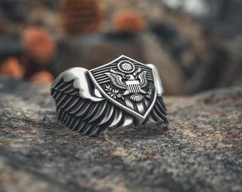 Army Aircrew Ring | Handcrafted 925 Sterling Silver Military Wings Signet Ring | Aviator Pride