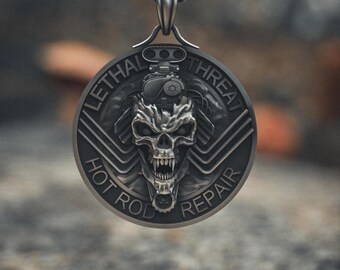 Hot Rod Pendant 925 Sterling Silver | "Lethal Threat Hot Rod Repair" Skull Necklace | Mechanic Car Engine Jewelry | Men's Gift