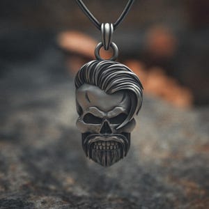 Bearded Skull Necklace, 925 Sterling Silver Pendant, Gothic Biker Jewelry, Unique Men's Gift, Handmade Skull Beard Charm Necklace