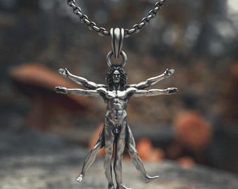 Vitruvian Man Necklace 925 Sterling Silver Renaissance Art Pendant Human Anatomy Jewelry Handcrafted Science Symbol Gift for Him