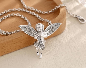 Polished Cherub Angel Pendant Necklace, Bright 925 Sterling Silver Guardian Angel Jewelry, Classic Religious Charm
