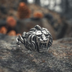 Lion Head Ring Sterling Silver | 925 Cuban Chain Link Band | Handcrafted Chunky Animal Signet | Unisex Biker Statement Jewelry
