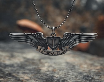 Military Wing Necklace 925 Sterling Silver - Handcrafted Aviator Pendant with Anchor Shield Design - Naval Air Force Jewelry Gift for Men