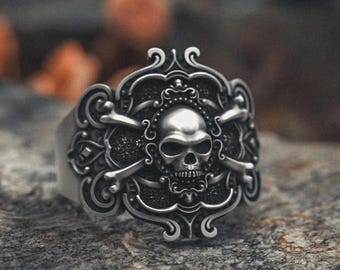 Skull and Crossbones Ring 925 Sterling Silver | Handcrafted Biker Gothic Jewelry | Vintage Style Pirate Skull Silver Ring for Men