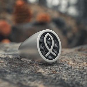 Christian Fish Ring 925 Sterling Silver | Ichthys Symbol Jewelry | Religious Faith Unisex Ring