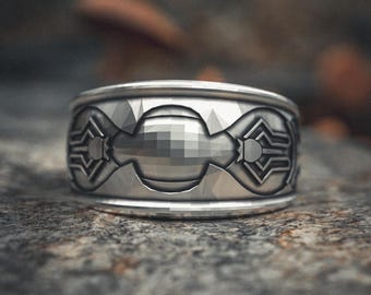 Aztec Ring - 925 Sterling Silver Tribal Pattern Ring for Men - Ancient Warrior Symbol Band with Geometric Eagle Design