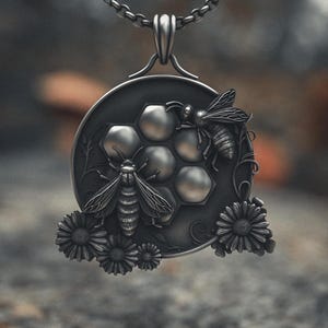 Bee Medallion Necklace 925 Sterling Silver - Handcrafted Honeycomb Pendant with Flowers - Nature Inspired Pollinator Jewelry Gift
