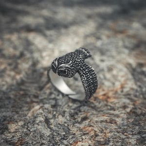 Owl Ring Sterling Silver 925 - Handcrafted Oxidized Bird of Prey Statement Ring - Men&#39;s Wisdom Symbol Jewelry