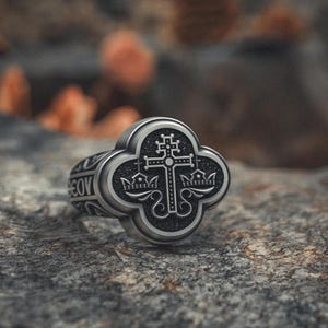 Orthodox Cross Ring 925 Sterling Silver | Handcrafted Byzantine Religious Signet Ring for Men | Vintage Style Christian Faith Jewelry Gift