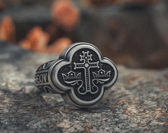 Orthodox Cross Ring 925 Sterling Silver | Handcrafted Byzantine Religious Signet Ring for Men | Vintage Style Christian Faith Jewelry Gift