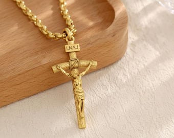 14K Gold Vermeil Crucifix Pendant Necklace, Luxurious Gold Plated Jesus Cross, Premium Religious Men's Gift
