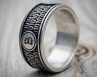 Bitcoin Ring 925 Sterling Silver, Handcrafted Digital Currency Band, Cryptocurrency Binary Code Jewelry, Unique Tech Gift for Men Women