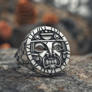 Aztec Ring 925 Sterling Silver - Ancient Mayan Mask Design - Handcrafted Mesoamerican Warrior Face Jewelry - Unique Men&#39;s Gift