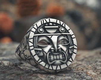 Aztec Ring 925 Sterling Silver - Ancient Mayan Mask Design - Handcrafted Mesoamerican Warrior Face Jewelry - Unique Men's Gift