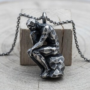 Low Poly Thinker Pendant 925 Sterling Silver Oxidized Finish Geometric Art Necklace Philosopher Gift For Him Modern Artisan Jewelry