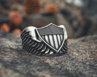 Sterling Silver Pilot Ring, WWII USAF Winged Shield, Adjustable