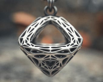 925 Sterling Silver Geometric Pendant Necklace - 3D Wireframe Cube Design - Modern Mathematical Jewelry - Minimalist Sacred Geometry Art
