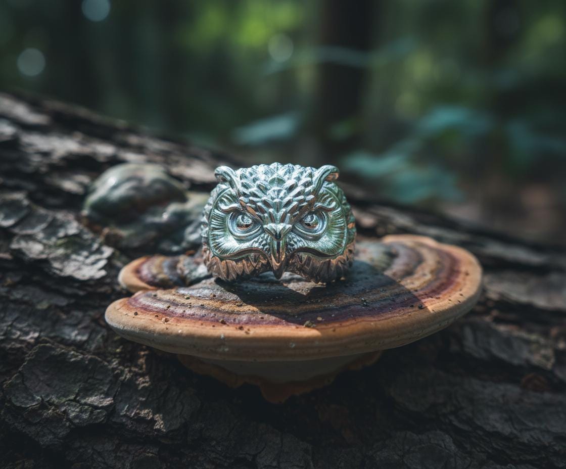 Owl Head Ring 925 Sterling Silver Polished Finish Bird of Prey Biker Gothic Style Animal Statement J