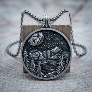 Mountain Pendant 925 Sterling Silver | Night Sky Necklace | Handcrafted Nature Landscape Jewelry | Moon and Stars Charm | Outdoor Lover Gift