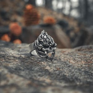 Flaming Skull Ring 925 Sterling Silver Gothic Biker Jewelry Fire Skull Statement Ring Oxidized Mens Gift
