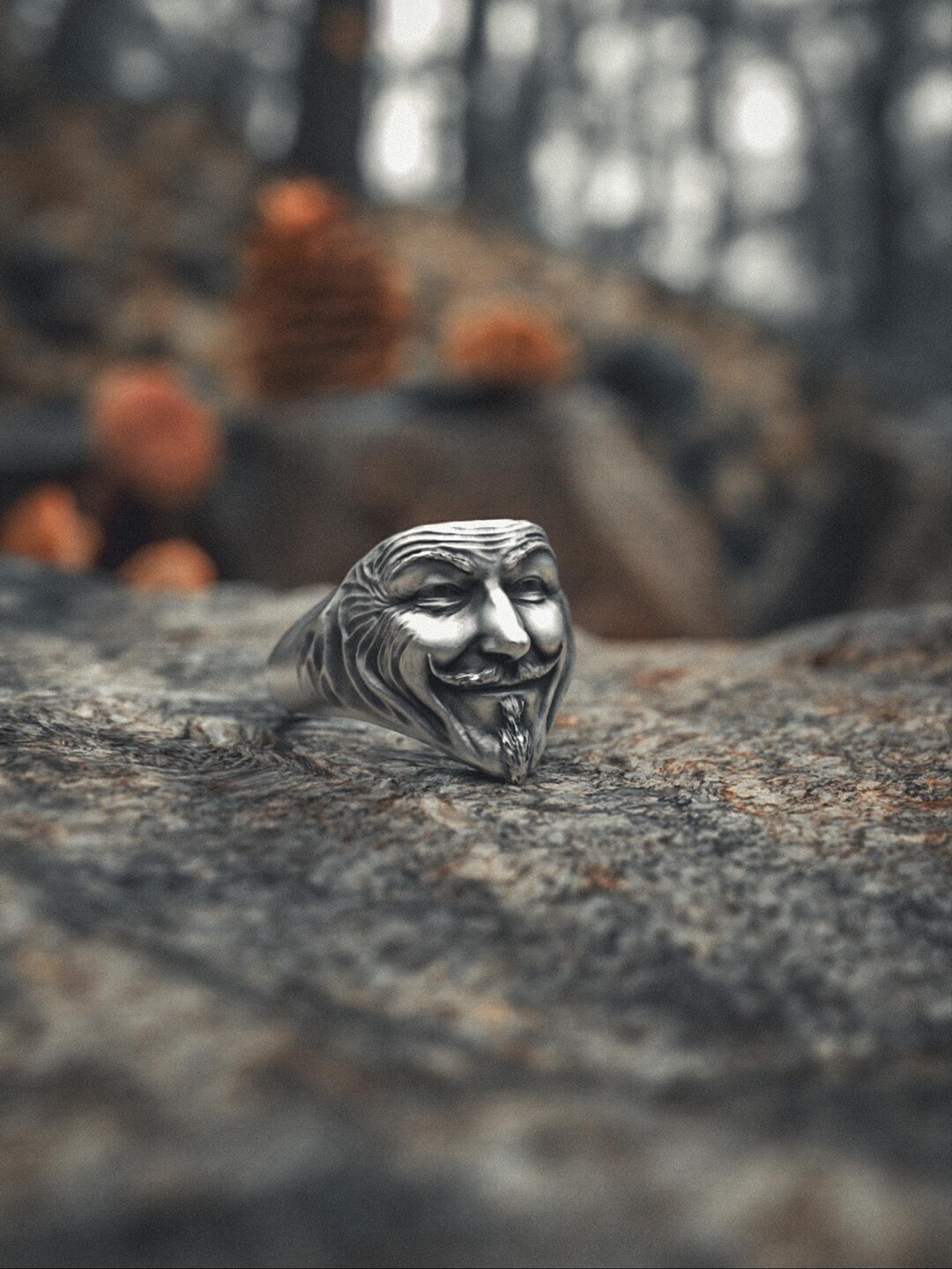 Anonymous Mask Ring Sterling Silver | Handcrafted 925 Rebel Face Signet ...
