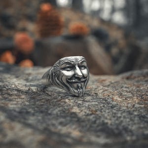 Anonymous Mask Ring Sterling Silver | Handcrafted 925 Rebel Face Signet | Unisex Statement Jewelry | V Symbol Freedom Ring | Guy Fawkes Gift