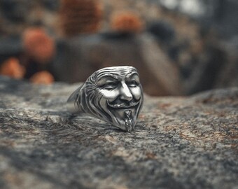V for Vendetta Sterling Silver Ring, Guy Fawkes Mask, Handmade 