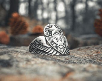 Large Solid 925 Sterling US Air Force Aircrew Crewman Wings Ring