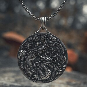Chinese Dragon Pendant Necklace - 925 Sterling Silver Asian Dragon Medallion - Handcrafted Feng Shui Jewelry for Men & Women