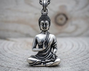 Buddha Necklace 925 Sterling Silver Meditation Pendant Zen Buddhist Jewelry Handcrafted Spiritual Symbol Mindfulness Gift for Him