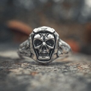 Flame Skull Ring 925 Sterling Silver Fire Skull Jewelry Handcrafted Gothic Biker Ring Mens Statement Ring Dark Art Silver