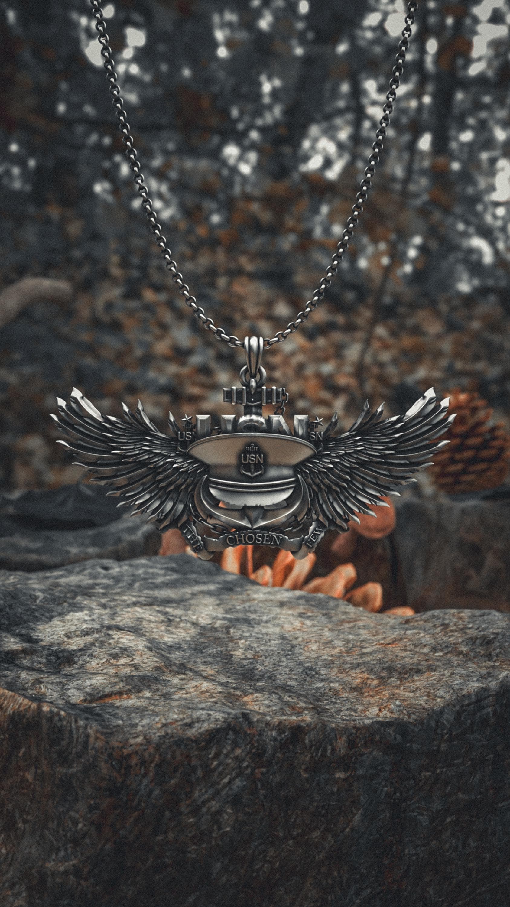 Navy Eagle Pendant 925 Sterling Silver Military Necklace USN Wings 