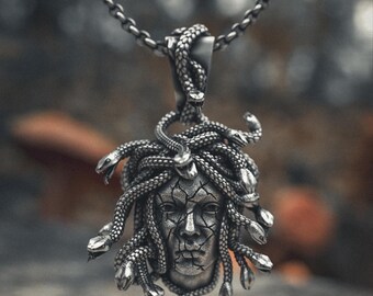 Medusa Necklace 925 Sterling Silver Snake Hair Pendant Greek Mythology Gorgon Jewelry Handcrafted Gothic Statement Piece Men Women