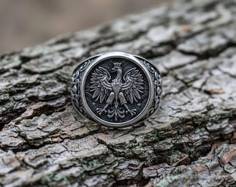 Poland Eagle Ring 925 Sterling Silver Oxidized Finish Coat of Arms Signet Patriotic Jewelry Men Gift
