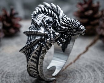 Dragon Ring - 925 Sterling Silver Mythical Creature Ring with Detailed Scales and Wings - Fantasy Jewelry for Dragon Lovers