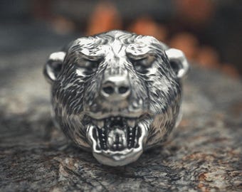 Bear Head Ring 925 Sterling Silver - Fierce Grizzly Statement Ring for Men - Bold Wildlife Jewelry