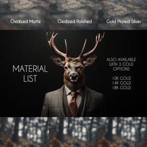 Material options guide showing six different finishes - oxidized matte, polished silver, gold plated, black rhodium plated, rose gold plated and styling options with elegant deer mascot