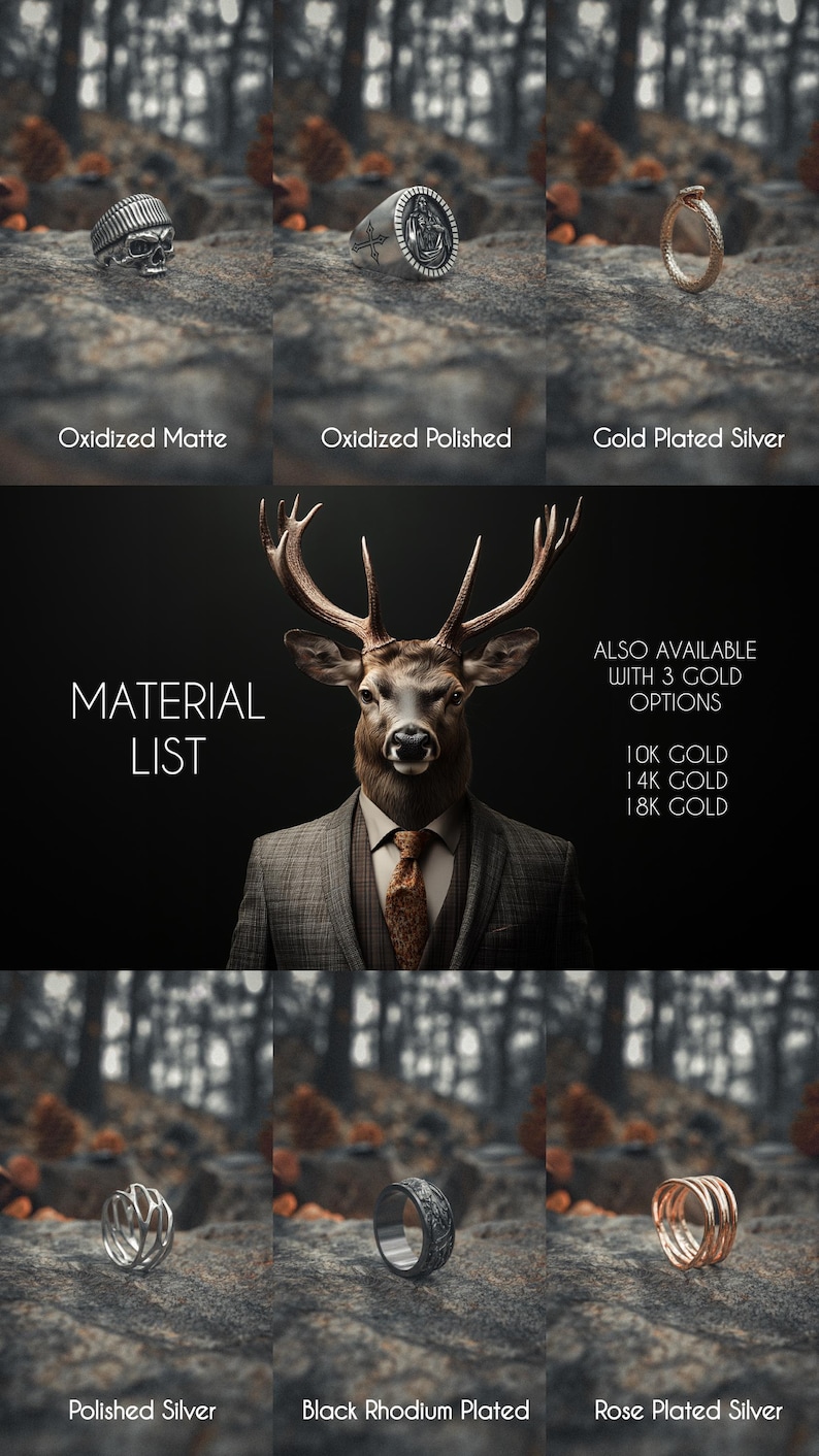 Material options guide showing six different finishes - oxidized matte, polished silver, gold plated, black rhodium plated, rose gold plated and styling options with elegant deer mascot