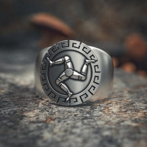 Triskelion Ring - 925 Sterling Silver Celtic Symbol Ring with Greek Key Border - Ancient Mythology Signet Ring for Men