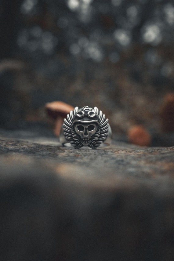 925 Sterling Silver Skull Pilot Anarchy Ring, Handmade Aviator WW2 