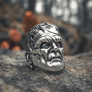 Frankenstein Monster Ring 925 Sterling Silver, Gothic Horror Silver Jewelry, Handcrafted Biker Skull Ring, Halloween Gift for Men